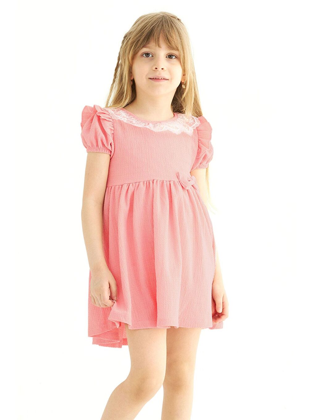 Pembe Kare Yaka Fırfır Kol Bısıklet Yaka Kurdale Detaylı Yakası Dantelli Somon Renk Kız Çocuk Elbıse