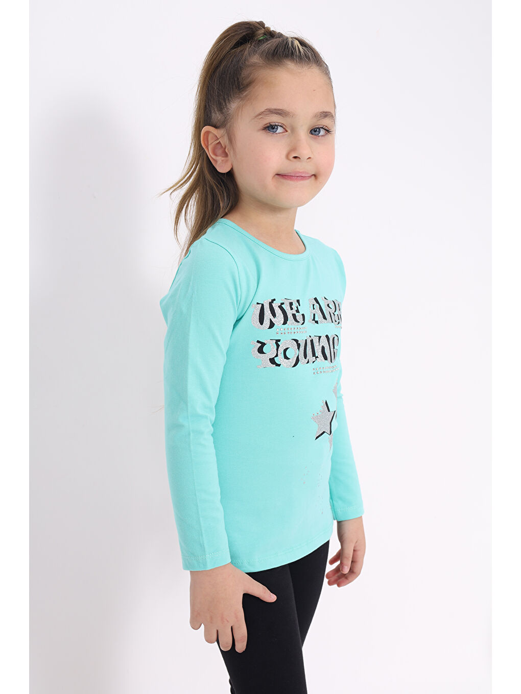 Yeşil Kız Çocuk Baskılı Taş İşlemeli Tişört-2