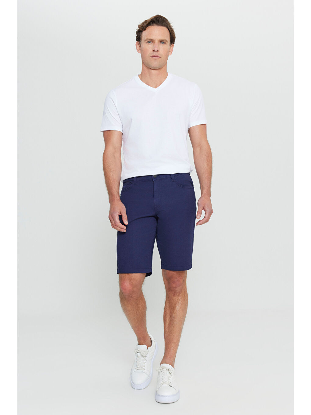 Erkek Lacivert Slim Fit Dar Kesim 5 Cep Armürlü Şort-4