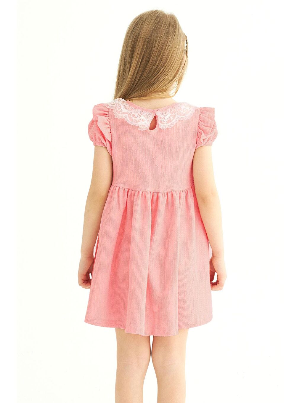 Pembe Kare Yaka Fırfır Kol Bısıklet Yaka Kurdale Detaylı Yakası Dantelli Somon Renk Kız Çocuk Elbıse-1