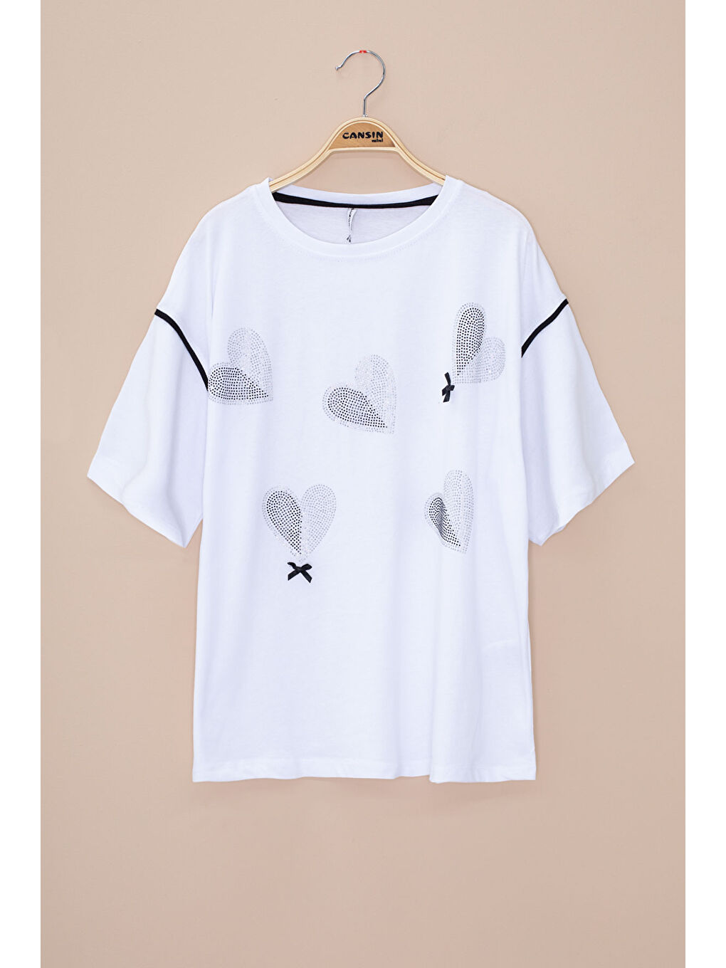 Ekru Kolu Şerit Detaylı Payetli Kız Çocuk Oversize Tişört 20812