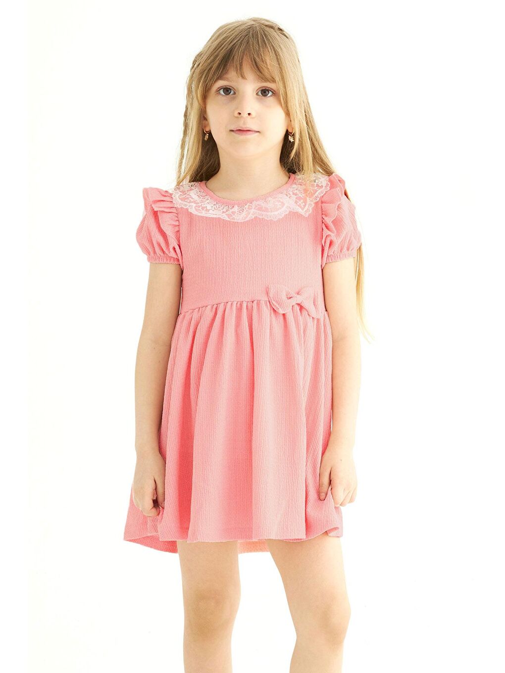 Pembe Kare Yaka Fırfır Kol Bısıklet Yaka Kurdale Detaylı Yakası Dantelli Somon Renk Kız Çocuk Elbıse-2