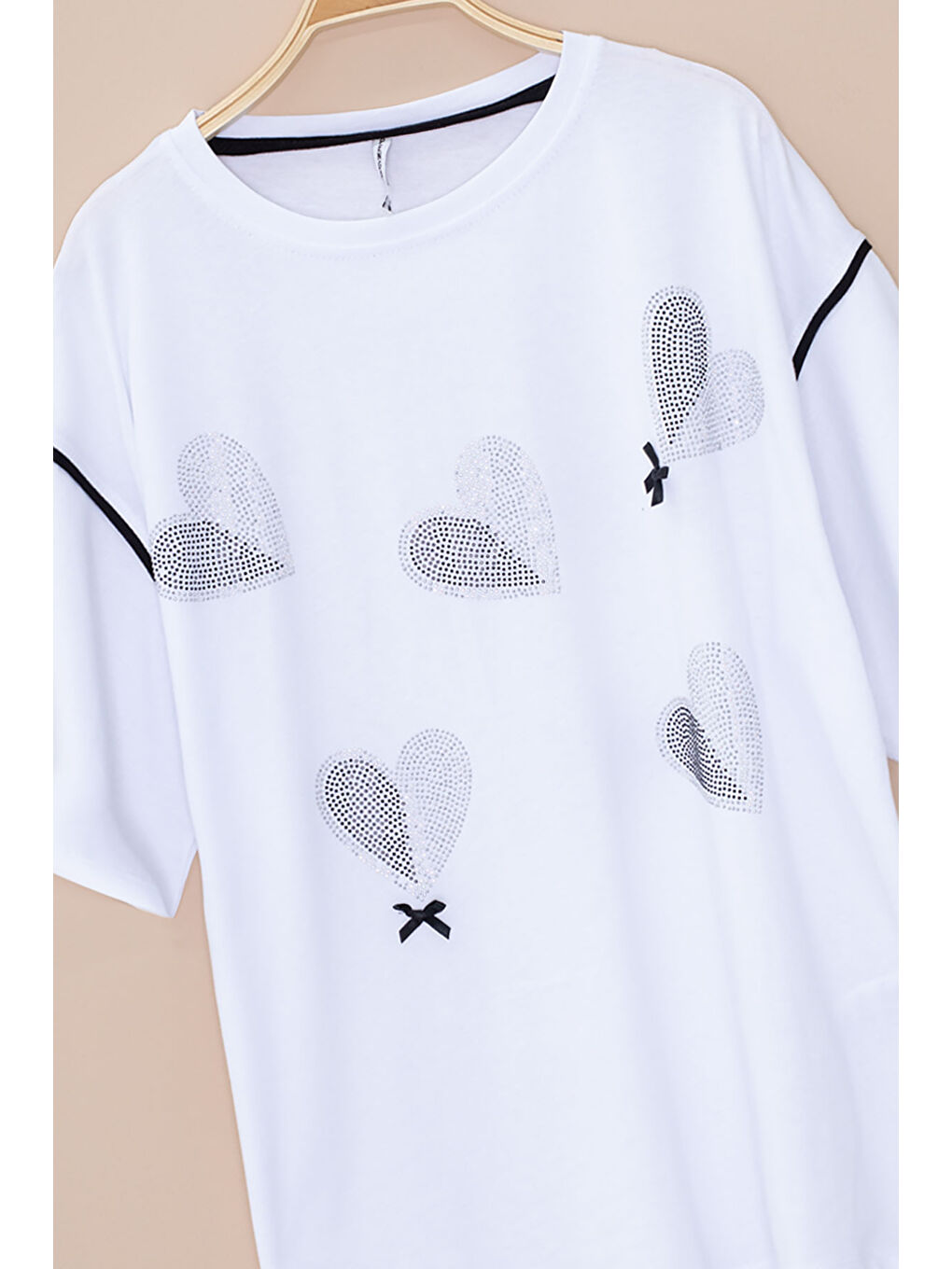 Ekru Kolu Şerit Detaylı Payetli Kız Çocuk Oversize Tişört 20812-1