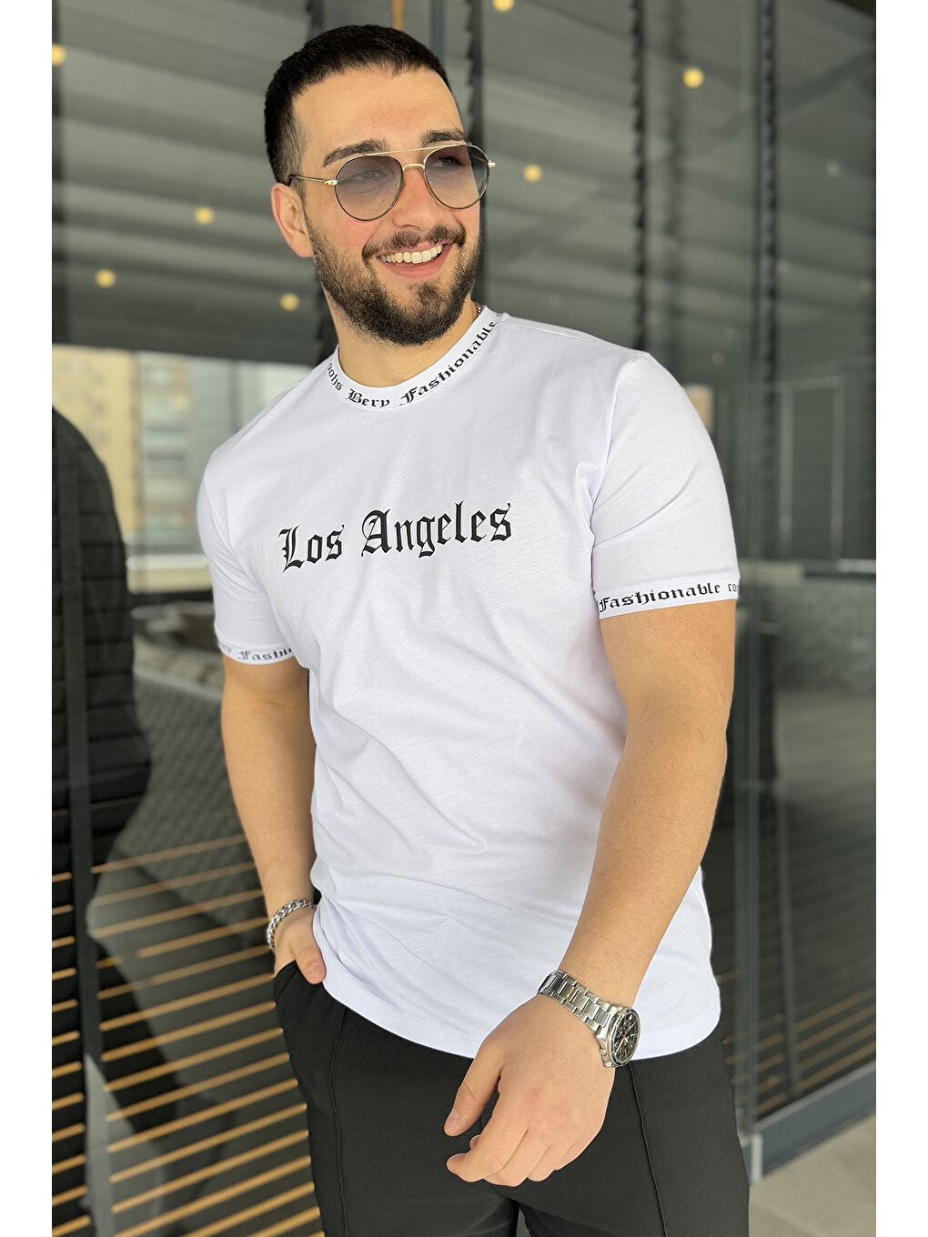 Beyaz Erkek Bisiklet Yaka Yazı Baskılı Tişört-1