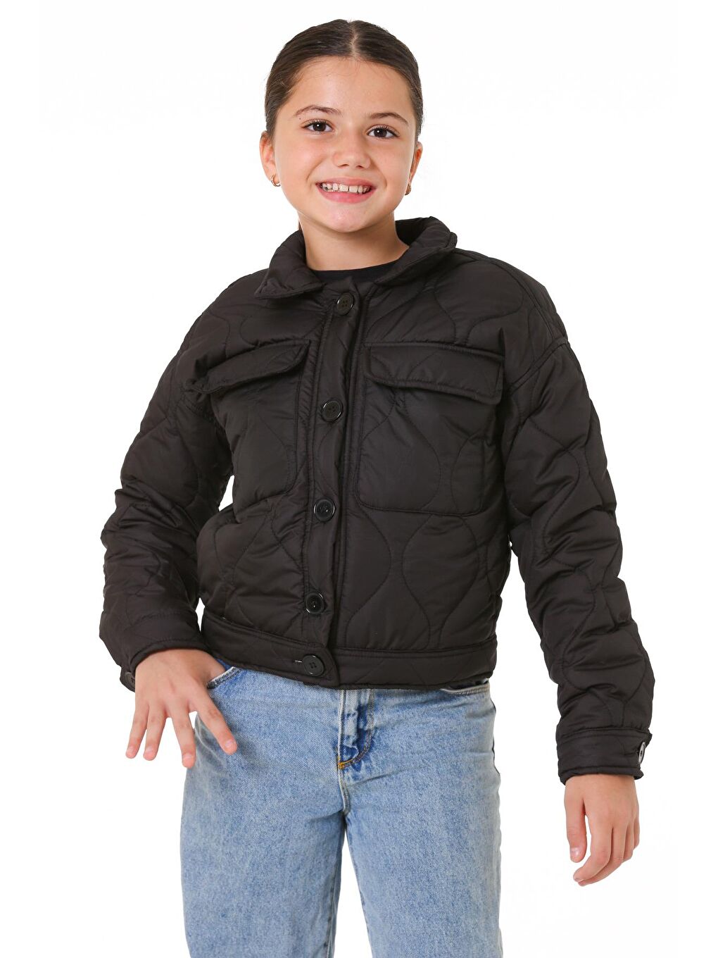Kız Çocuk Siyah Kapitone Mevsimlik 7-12 Yaş Mont - 23241-2-3