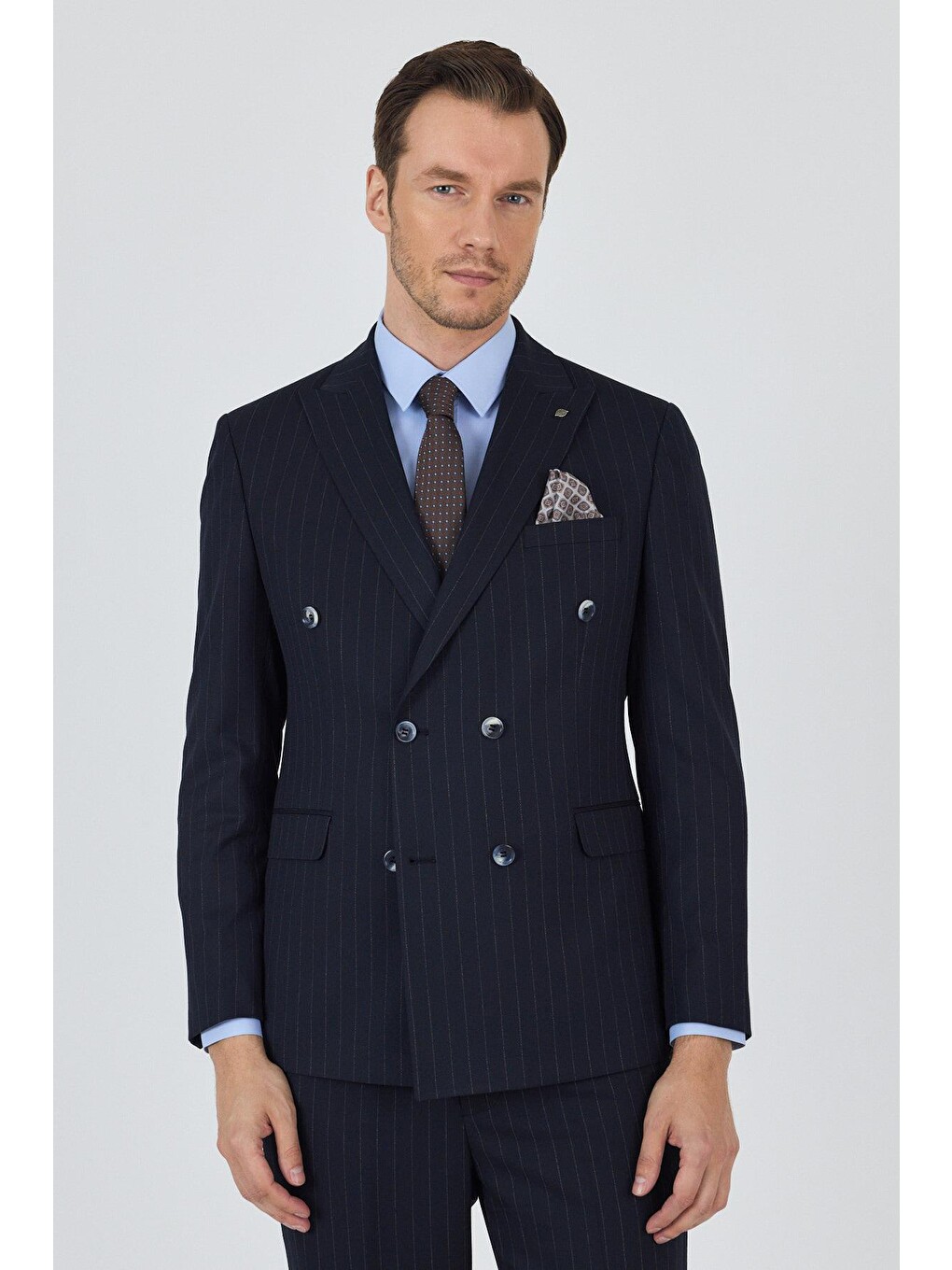 Koyu Lacivert Kılıç Yaka Çizgili Desen Kruvaze Classic Esnek Slim Fit Takım Elbise 1001250173