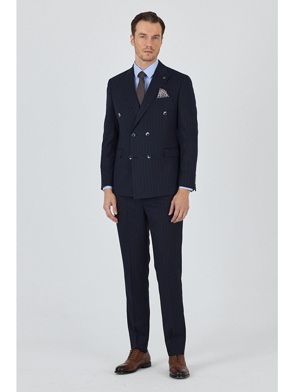 Koyu Lacivert Kılıç Yaka Çizgili Desen Kruvaze Classic Esnek Slim Fit Takım Elbise 1001250173-1