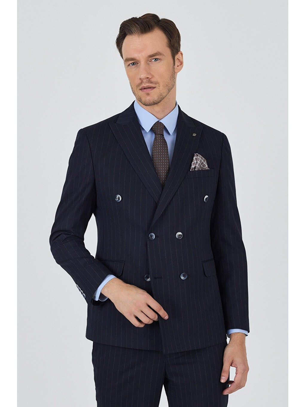 Koyu Lacivert Kılıç Yaka Çizgili Desen Kruvaze Classic Esnek Slim Fit Takım Elbise 1001250173-2