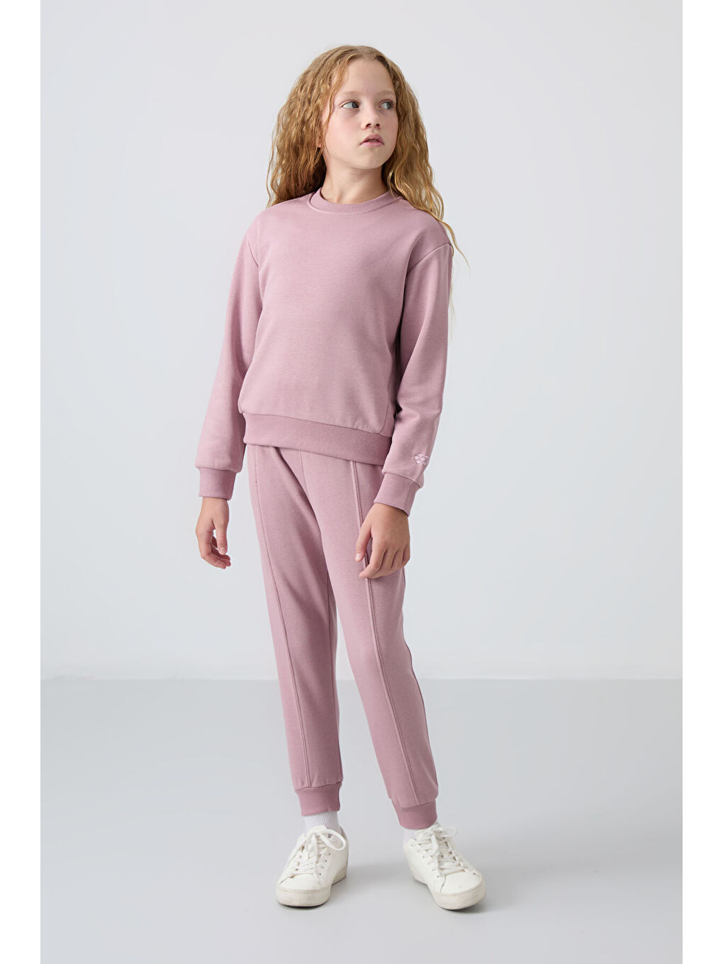 Pembe Gül Kurusu Pamuklu İçi Tüylü Yumuşak Dokulu Oversize Nakışlı Kız Çocuk Eşofman Takım - 75145