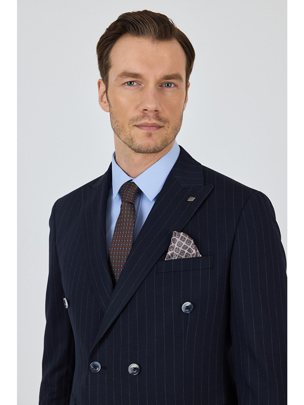 Koyu Lacivert Kılıç Yaka Çizgili Desen Kruvaze Classic Esnek Slim Fit Takım Elbise 1001250173-3