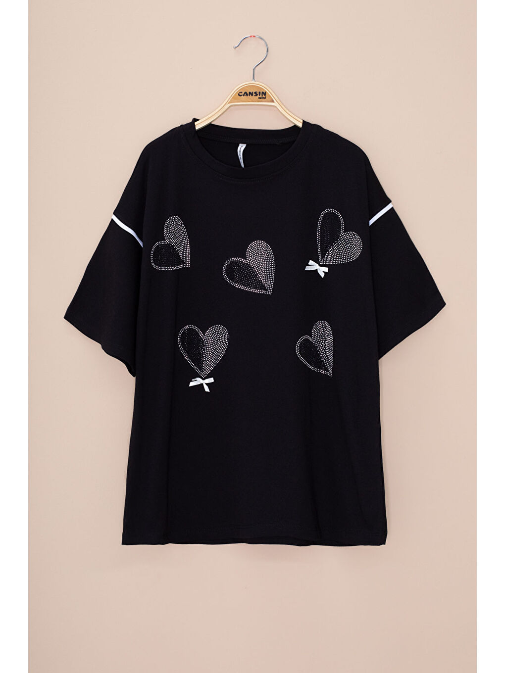 Siyah Kolu Şerit Detaylı Payetli Kız Çocuk Oversize Tişört 20813