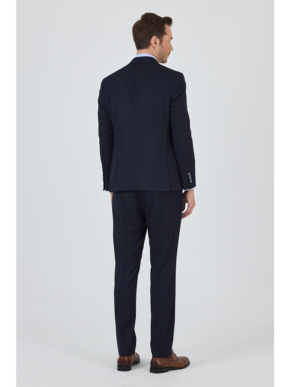 Koyu Lacivert Kılıç Yaka Çizgili Desen Kruvaze Classic Esnek Slim Fit Takım Elbise 1001250173-4