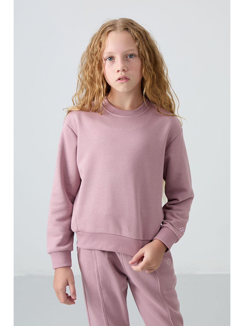 Pembe Gül Kurusu Pamuklu İçi Tüylü Yumuşak Dokulu Oversize Nakışlı Kız Çocuk Eşofman Takım - 75145-1