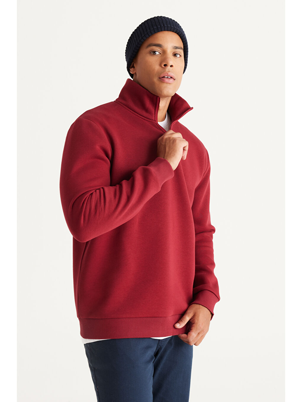 Erkek Bordo Standart Fit Normal Kesim İçi Polarlı Bato Yaka Pamuklu Sweatshirt-1