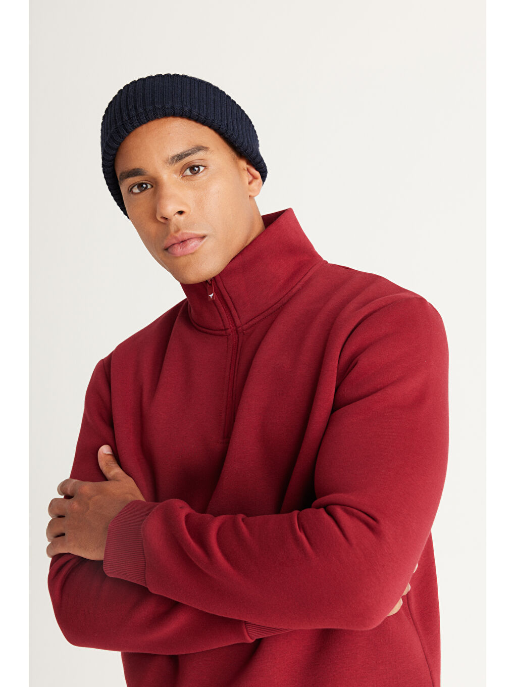 Erkek Bordo Standart Fit Normal Kesim İçi Polarlı Bato Yaka Pamuklu Sweatshirt-2