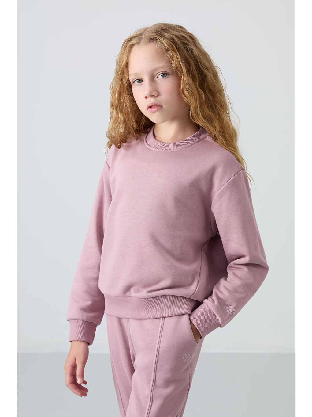 Pembe Gül Kurusu Pamuklu İçi Tüylü Yumuşak Dokulu Oversize Nakışlı Kız Çocuk Eşofman Takım - 75145-3