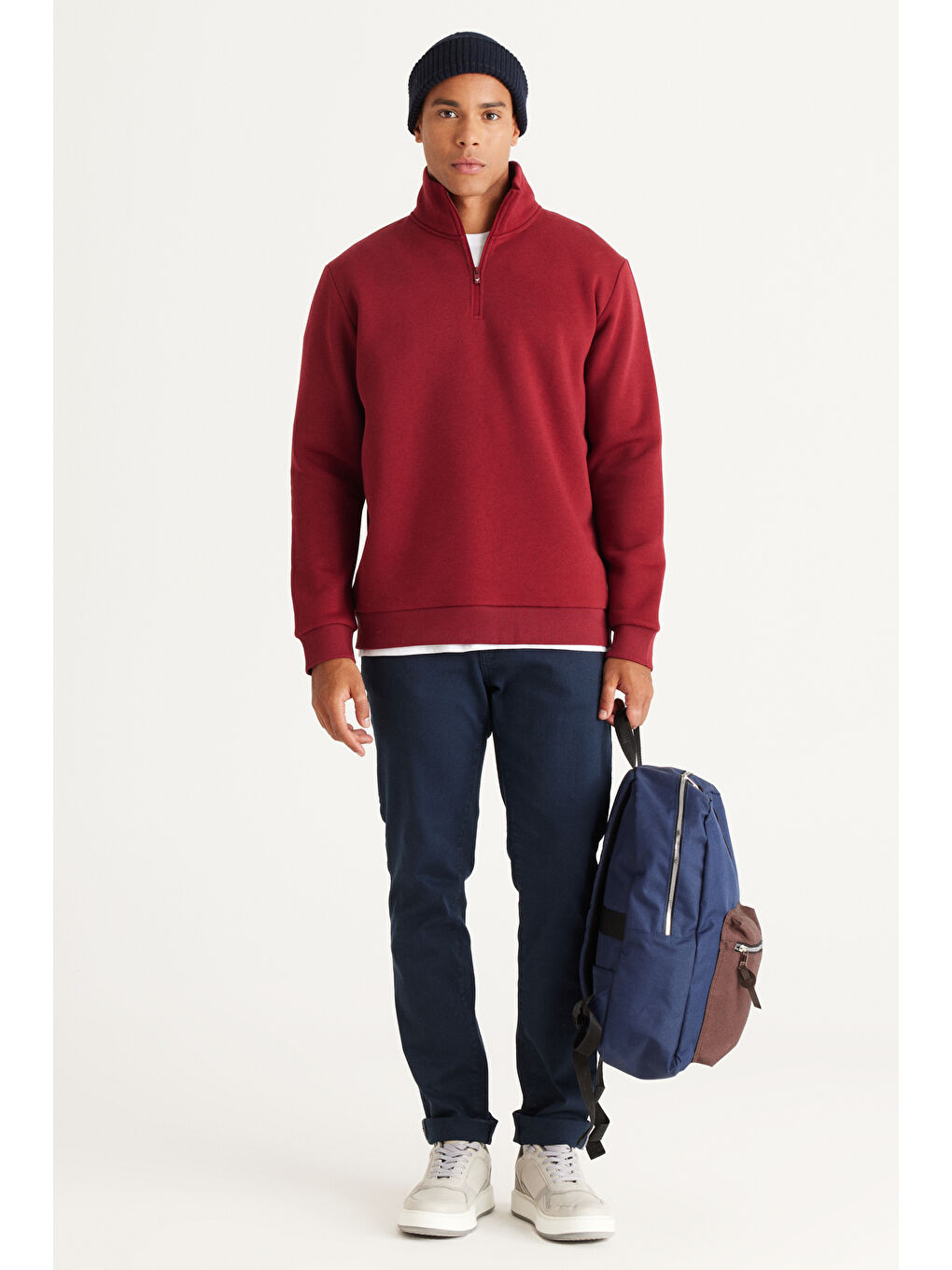Erkek Bordo Standart Fit Normal Kesim İçi Polarlı Bato Yaka Pamuklu Sweatshirt-3
