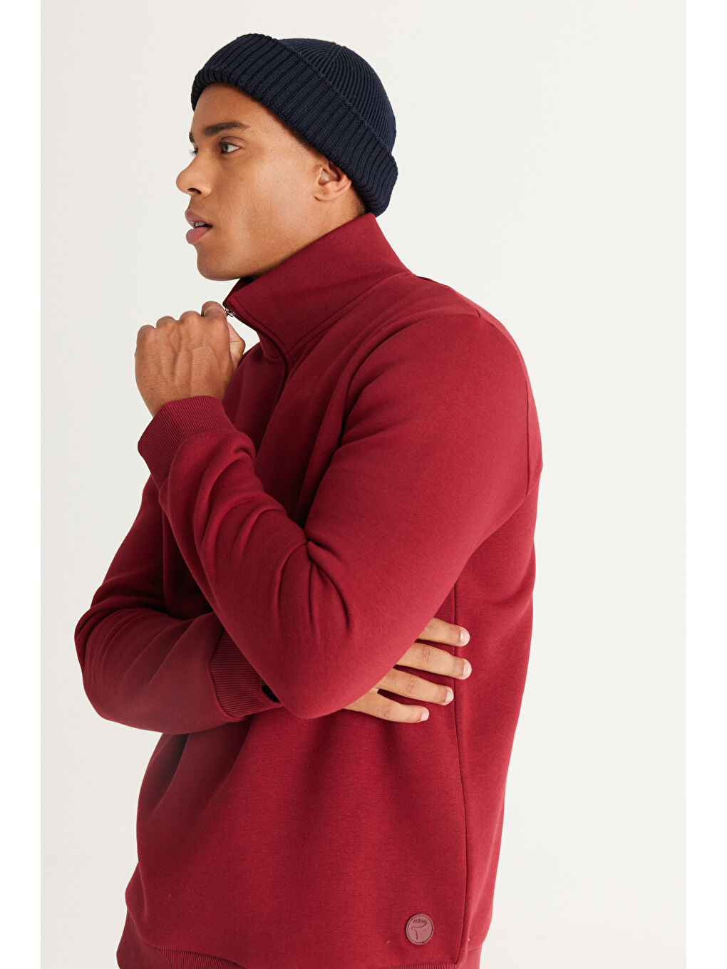 Erkek Bordo Standart Fit Normal Kesim İçi Polarlı Bato Yaka Pamuklu Sweatshirt-4