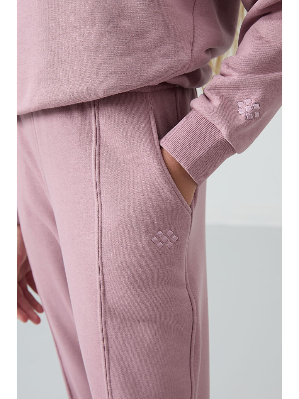 Pembe Gül Kurusu Pamuklu İçi Tüylü Yumuşak Dokulu Oversize Nakışlı Kız Çocuk Eşofman Takım - 75145-4