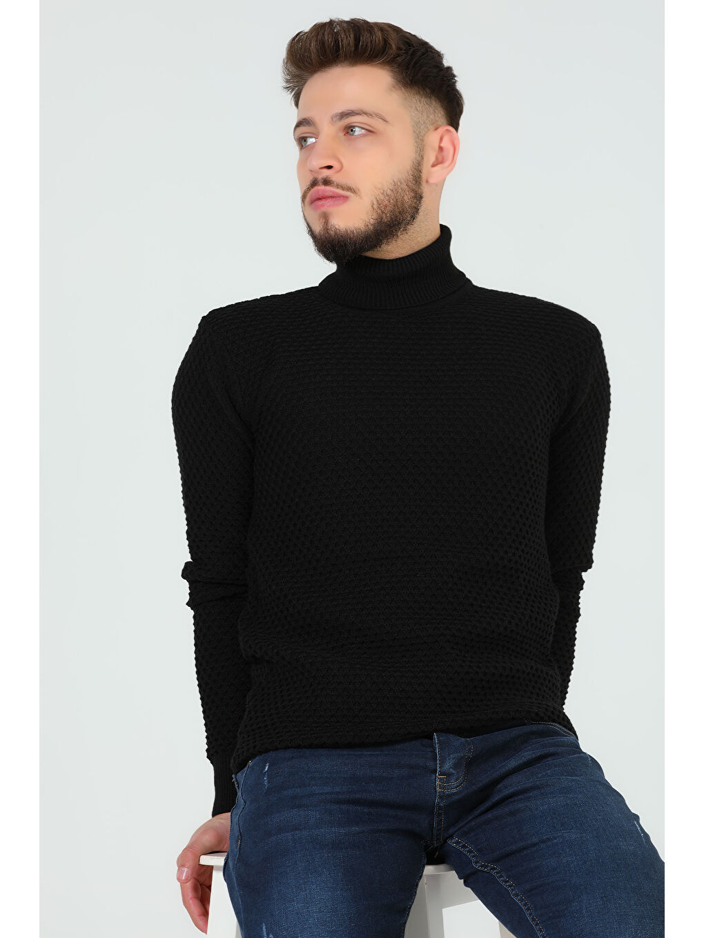 Siyah Erkek Balıkçı Yaka Desenli Triko Kazak-1