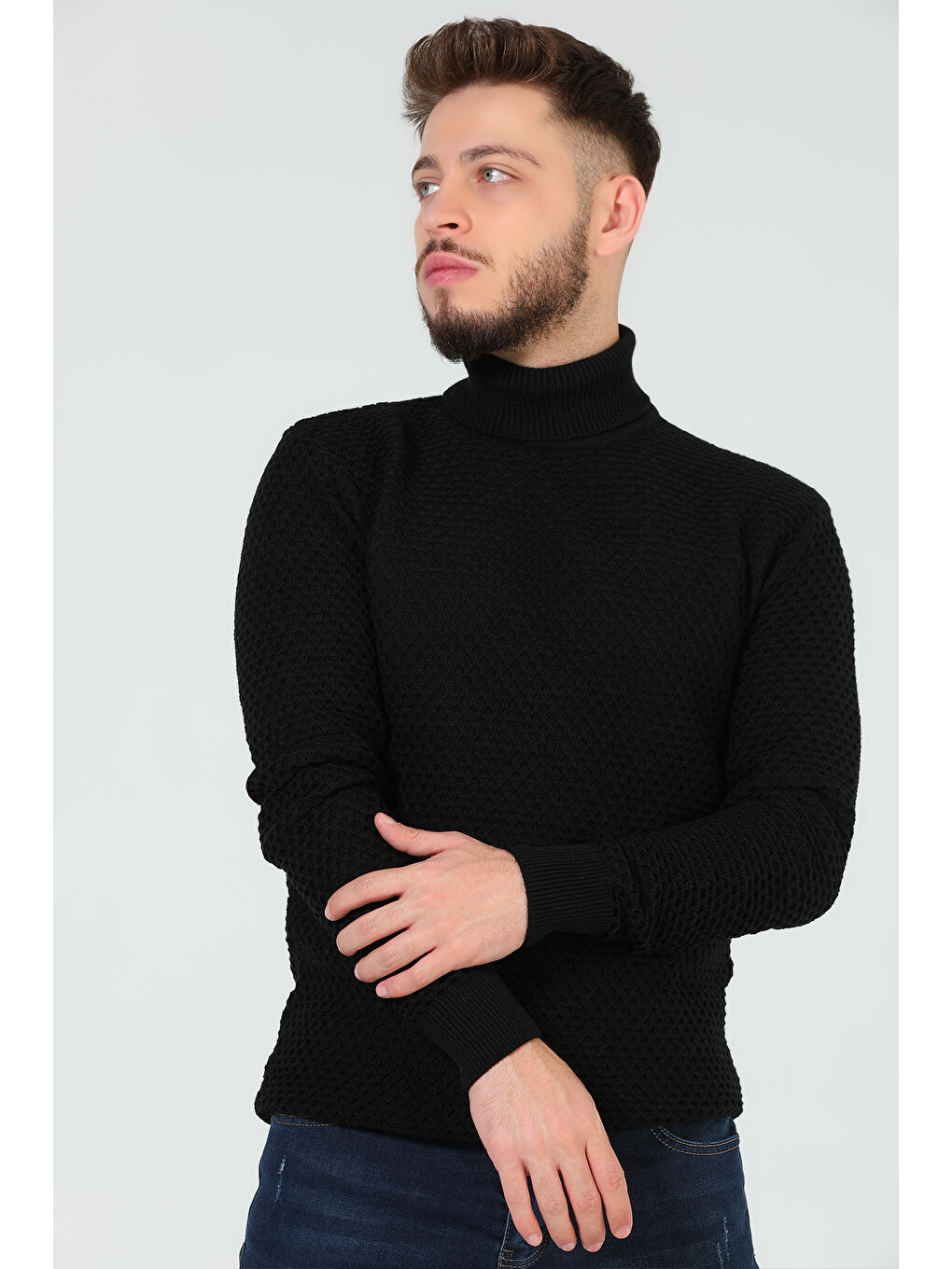 Siyah Erkek Balıkçı Yaka Desenli Triko Kazak-2