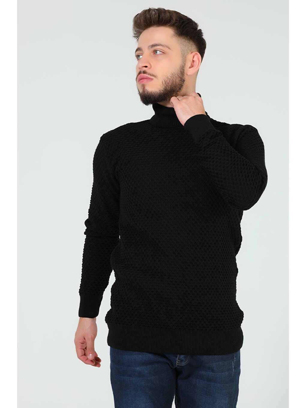 Siyah Erkek Balıkçı Yaka Desenli Triko Kazak-3