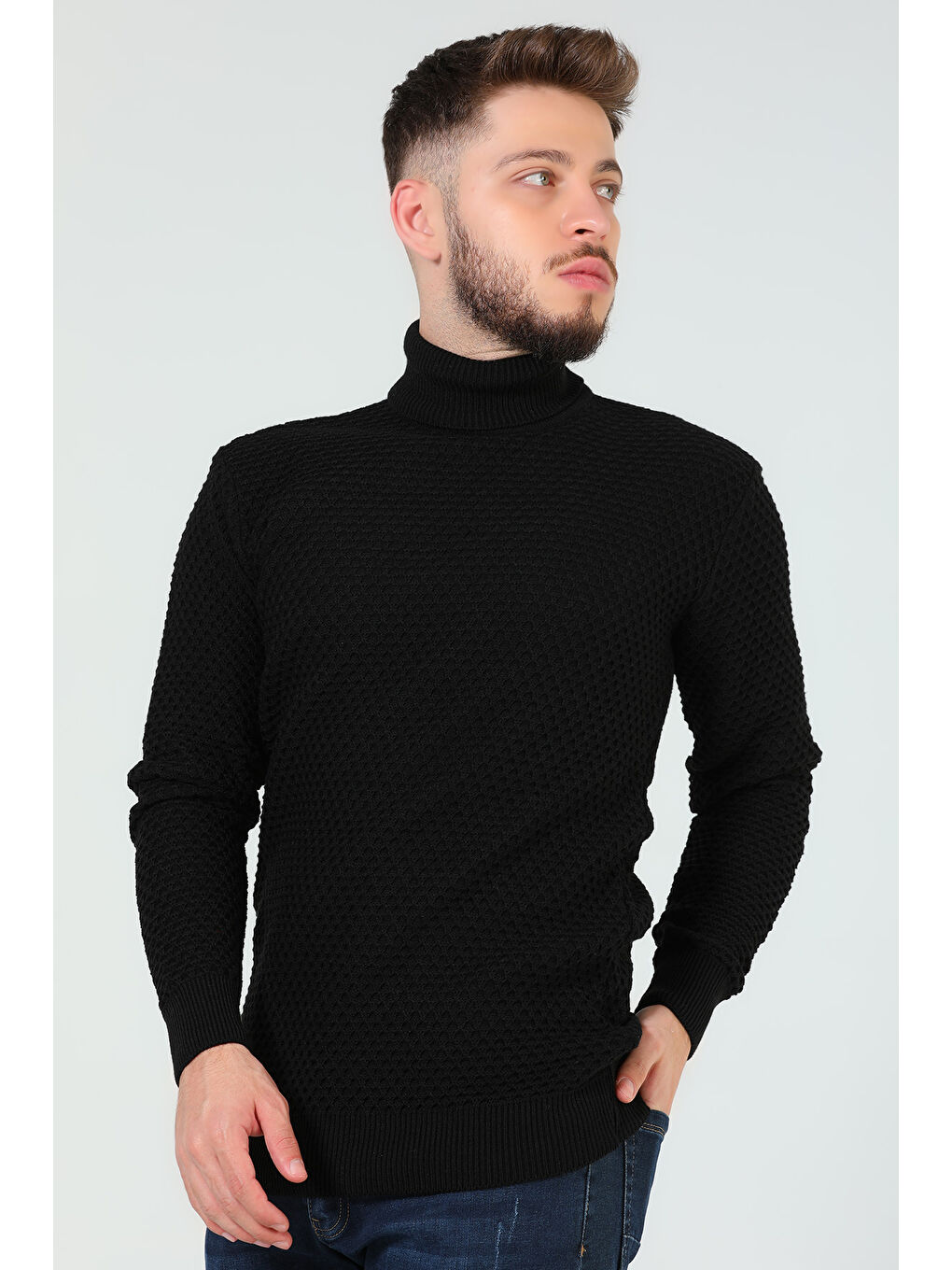 Siyah Erkek Balıkçı Yaka Desenli Triko Kazak-4