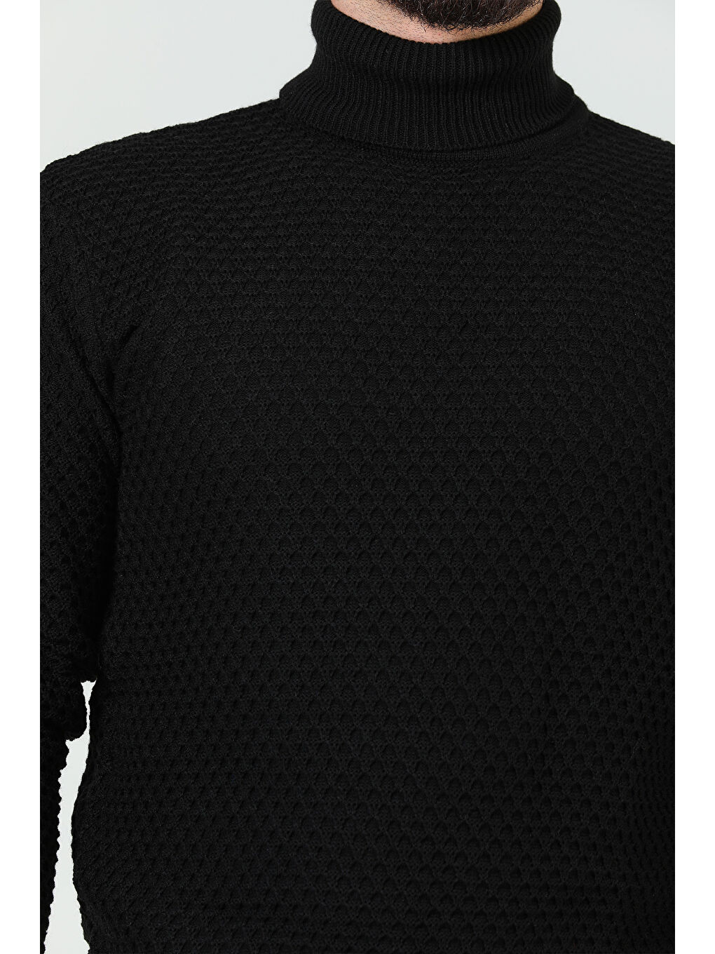 Siyah Erkek Balıkçı Yaka Desenli Triko Kazak-6