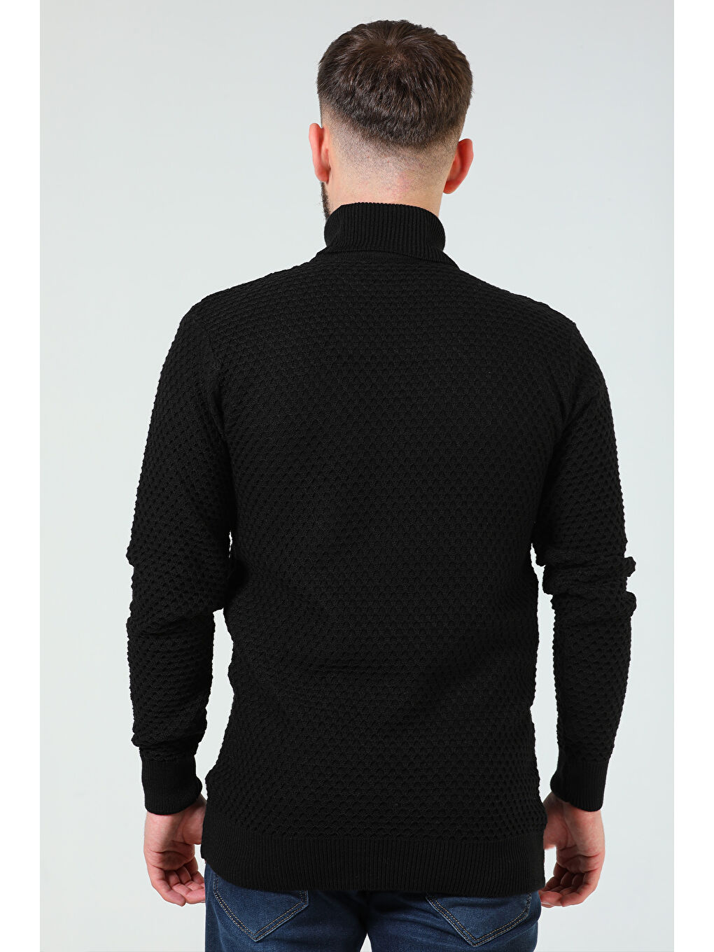 Siyah Erkek Balıkçı Yaka Desenli Triko Kazak-7