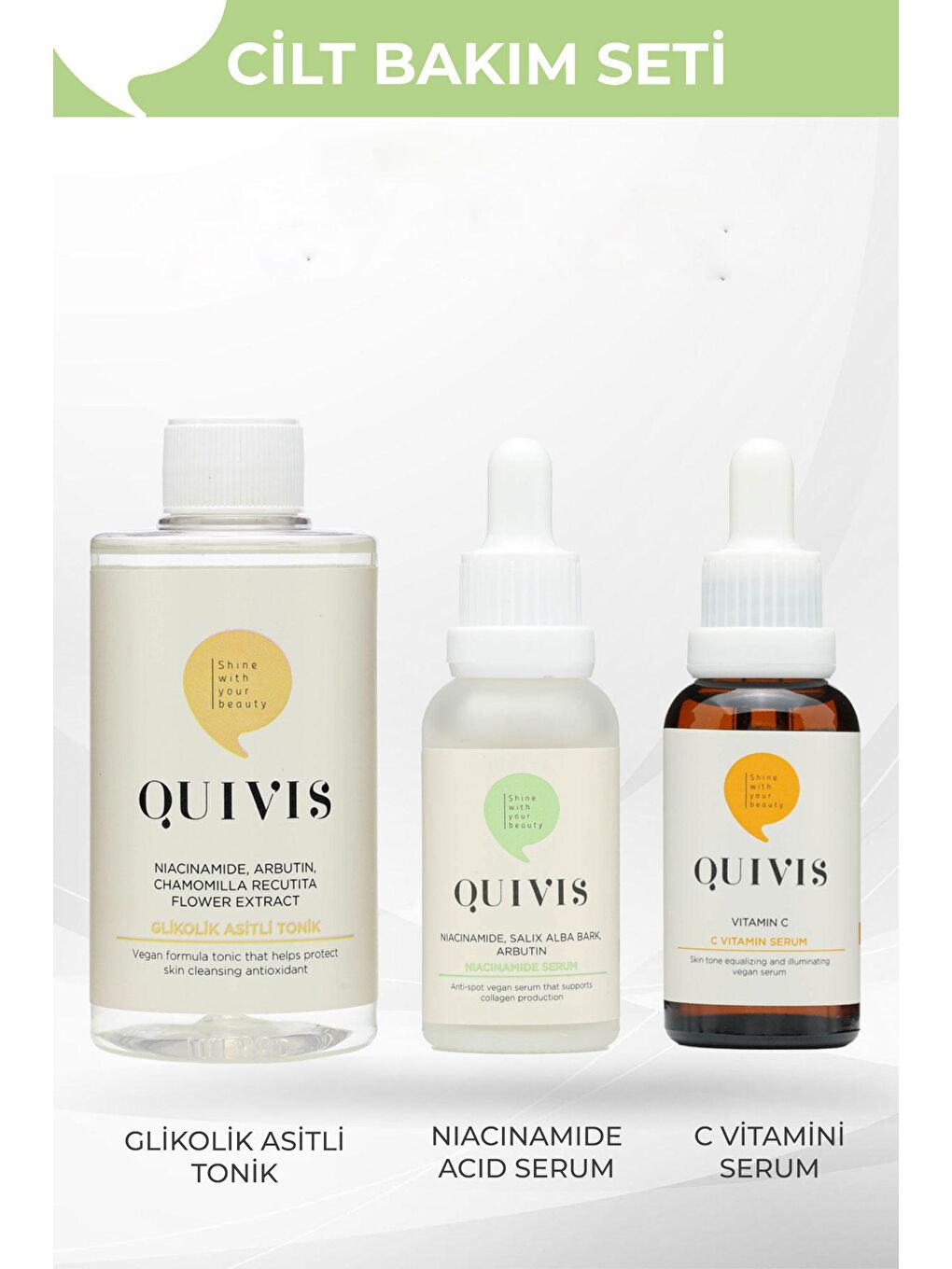 quivis Renksiz 3’lü Cilt Bakım Seti- Glikolik Asit Tonik 200ml - C Vitamini Serum 30ml ve Niacinamide Serum 30ml