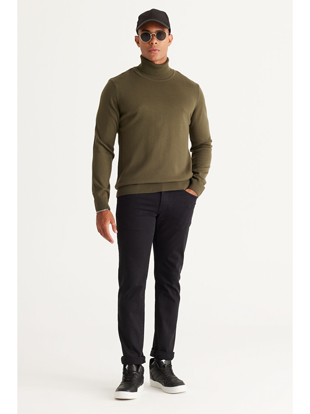 Erkek Haki Standart Fit Tüylenme Yapmayan Tam Balıkçı Yaka Triko Kazak-2