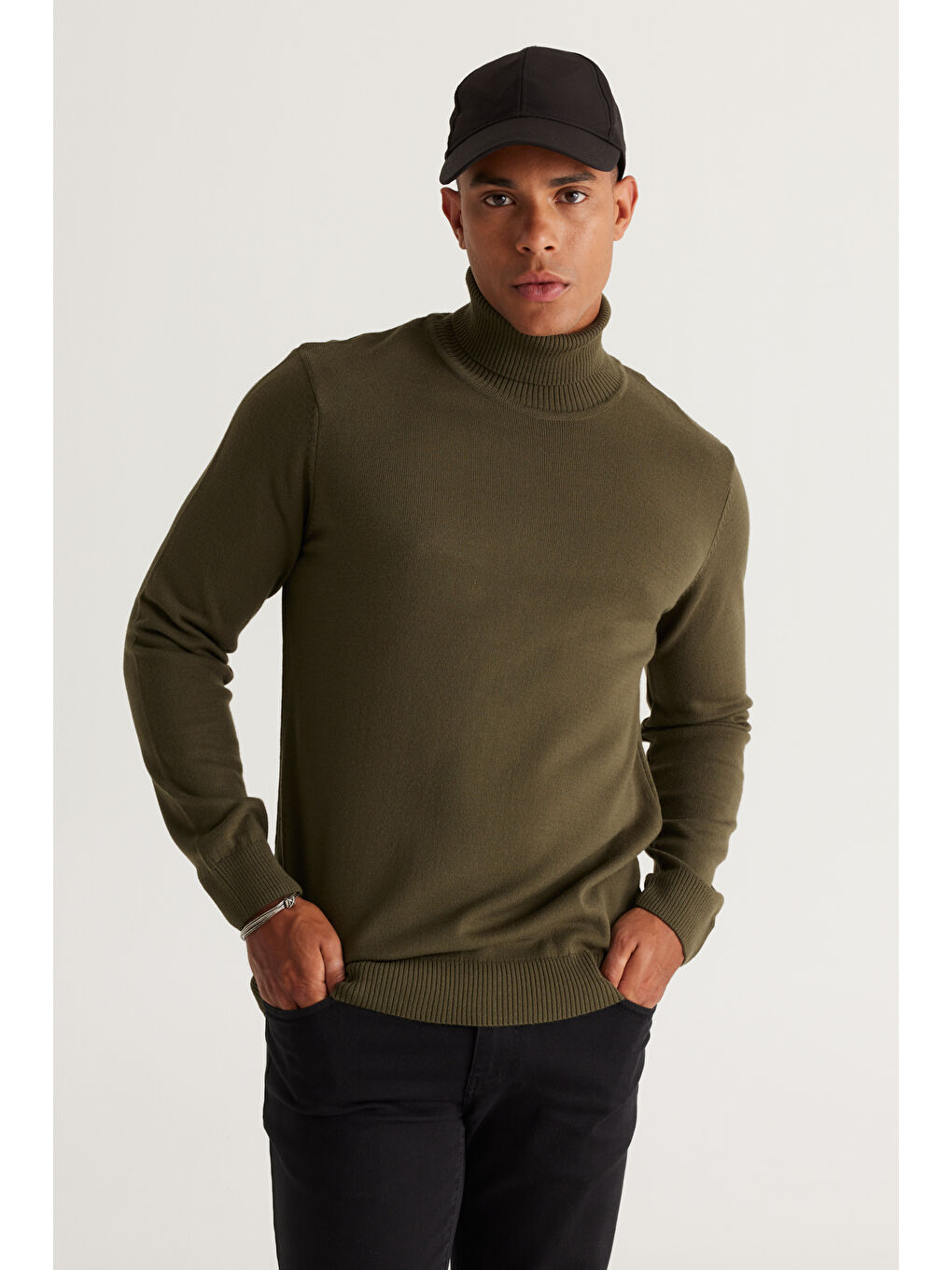 Erkek Haki Standart Fit Tüylenme Yapmayan Tam Balıkçı Yaka Triko Kazak-4