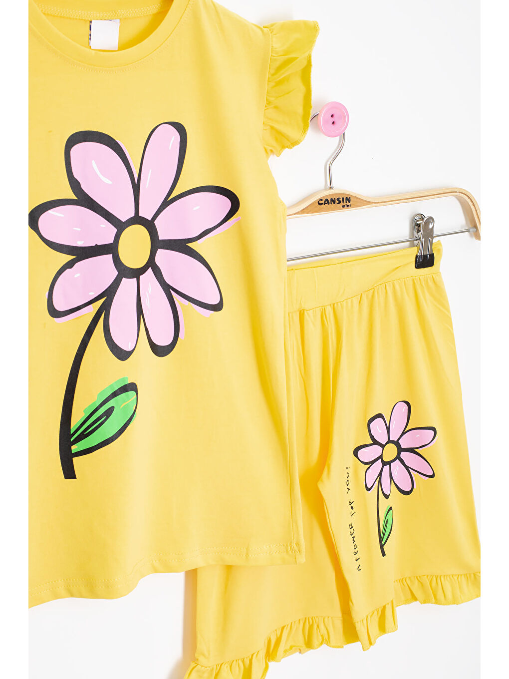 Sarı Papatya Baskılı Fırfır Detaylı Kız Çocuk Şortlu 2li Takım 20607-1