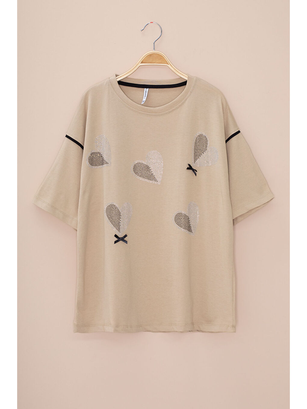 Bej Kolu Şerit Detaylı Payetli Kız Çocuk Oversize Tişört 20810