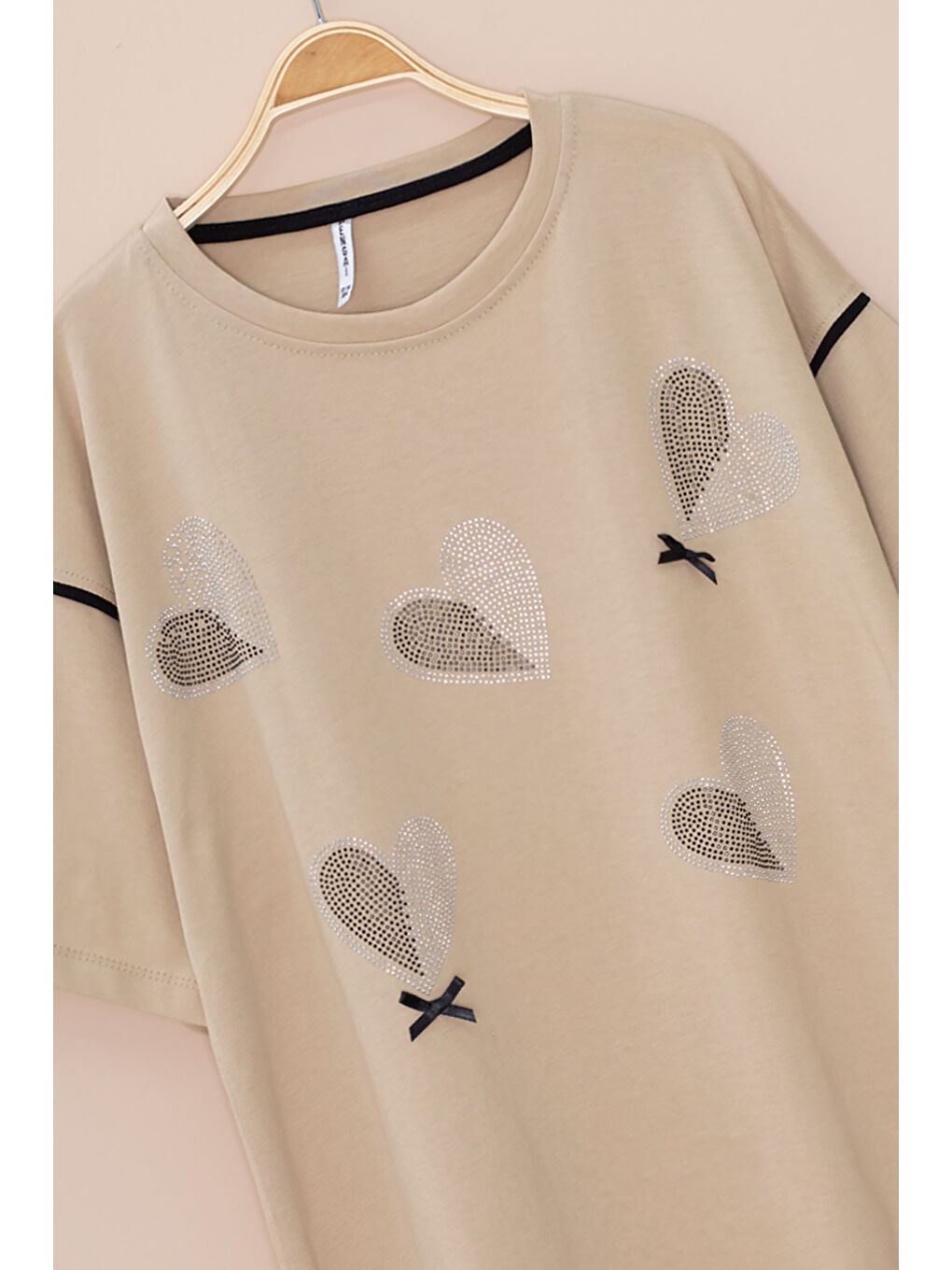 Bej Kolu Şerit Detaylı Payetli Kız Çocuk Oversize Tişört 20810-1