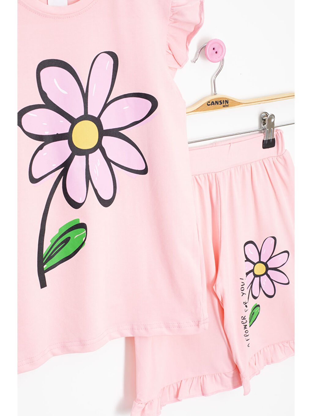 Pembe Somon Papatya Baskılı Fırfır Detaylı Kız Çocuk Şortlu 2li Takım 20603-1