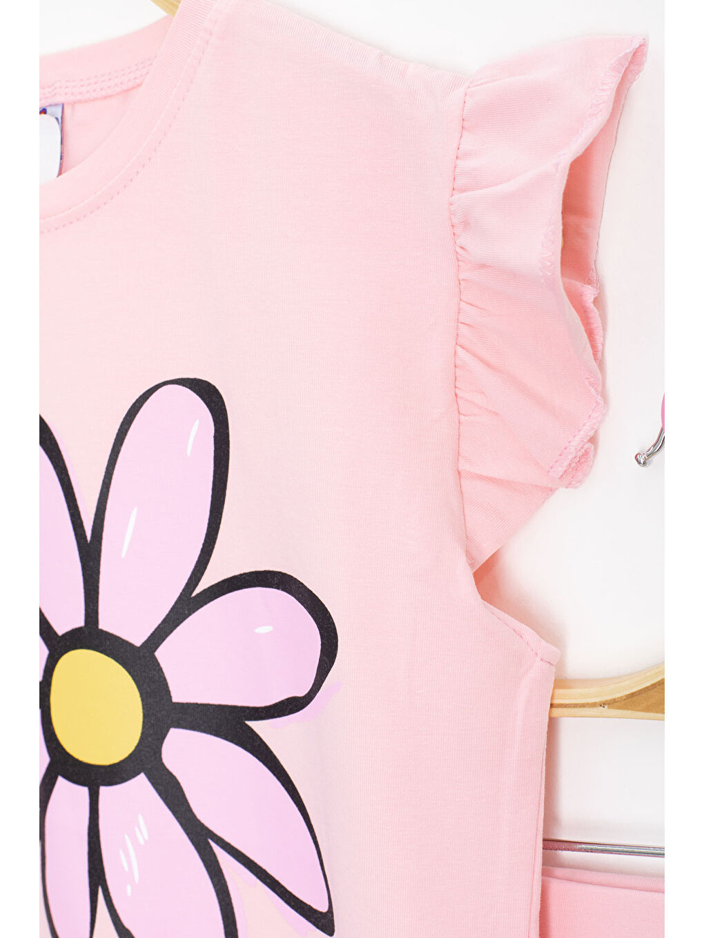 Pembe Somon Papatya Baskılı Fırfır Detaylı Kız Çocuk Şortlu 2li Takım 20603-2