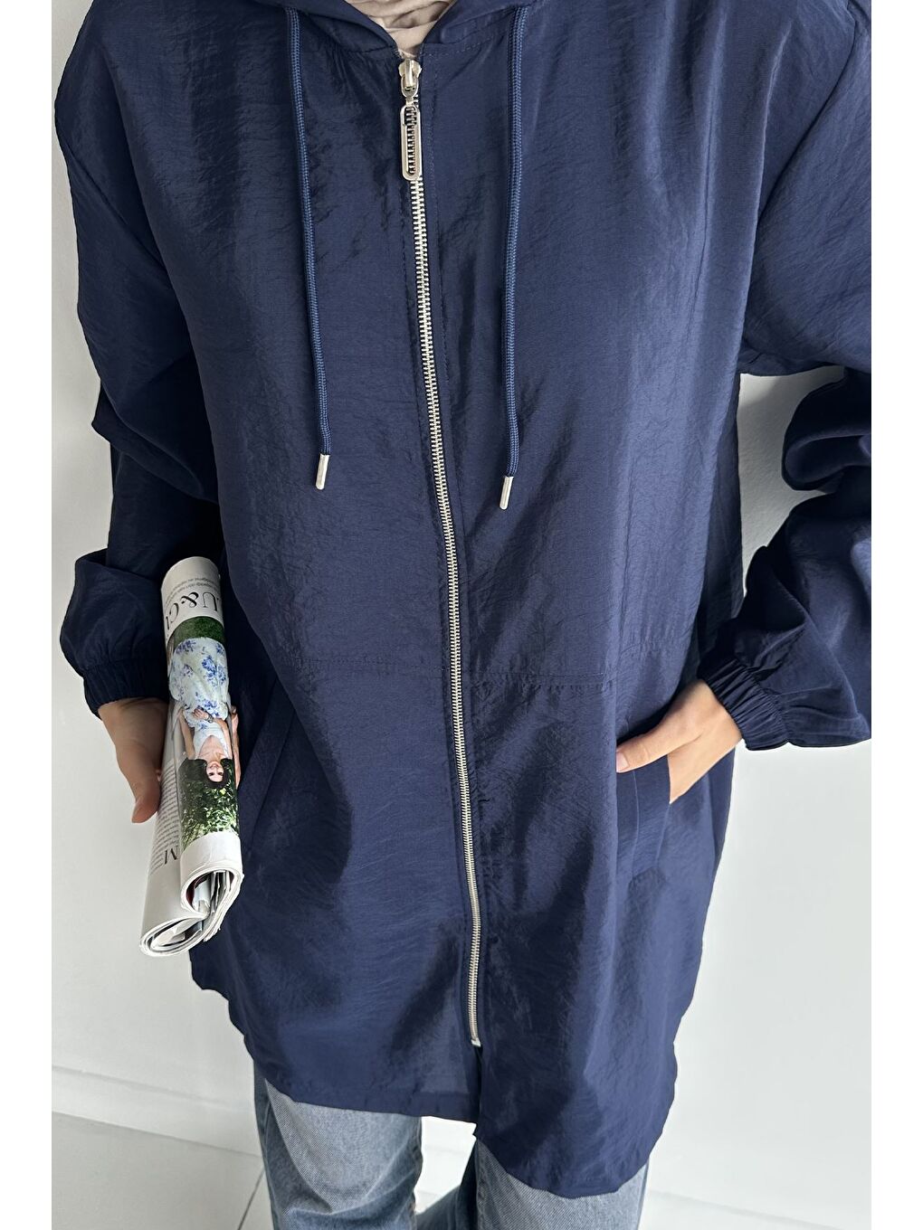 Lacivert Kapüşonlu Fermuarlı Mevsimlik Tesettür Kap-5