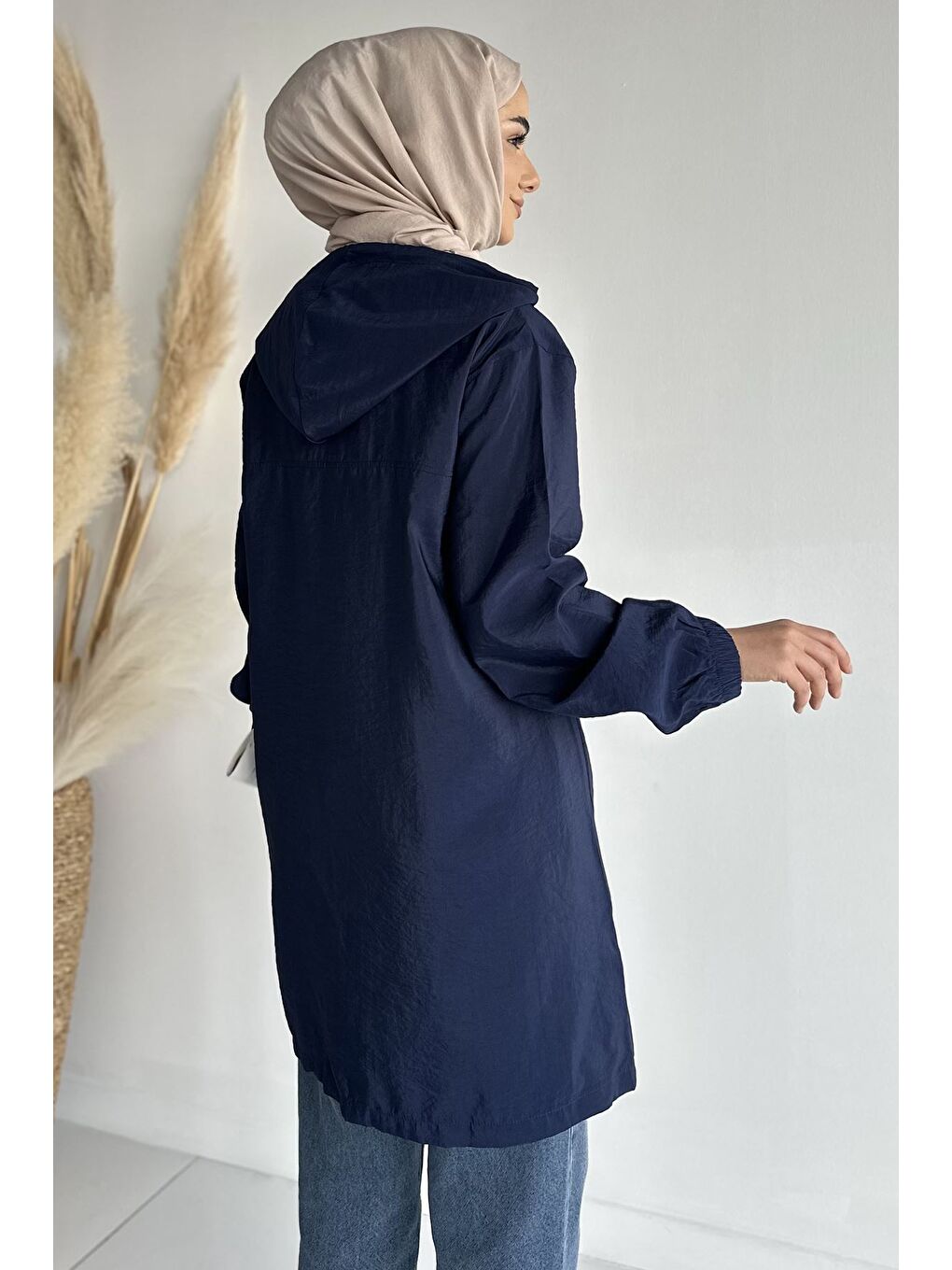 Lacivert Kapüşonlu Fermuarlı Mevsimlik Tesettür Kap-6