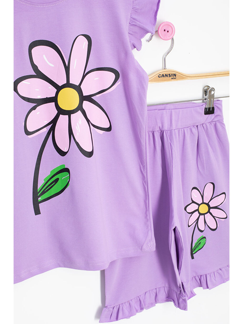 Lila Papatya Baskılı Fırfır Detaylı Kız Çocuk Şortlu 2li Takım 20604-1