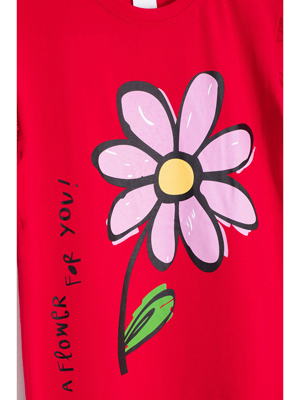 Kırmızı Papatya Baskılı Fırfır Detaylı Kız Çocuk Şortlu 2li Takım 20608-1