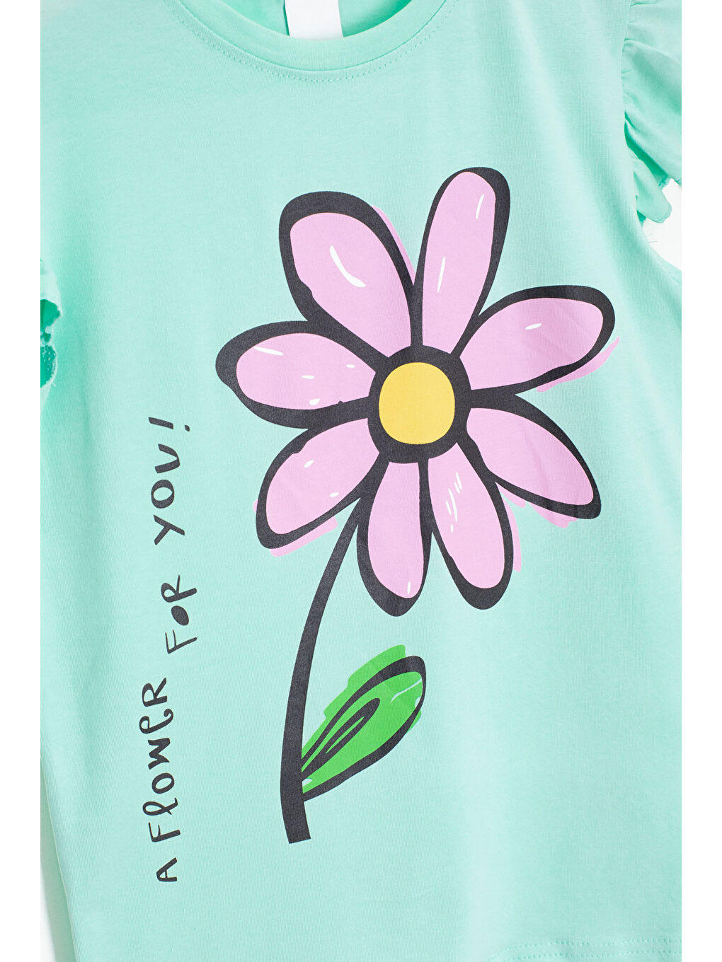 Yeşil Mint Papatya Baskılı Fırfır Detaylı Kız Çocuk Şortlu 2li Takım 20605-1