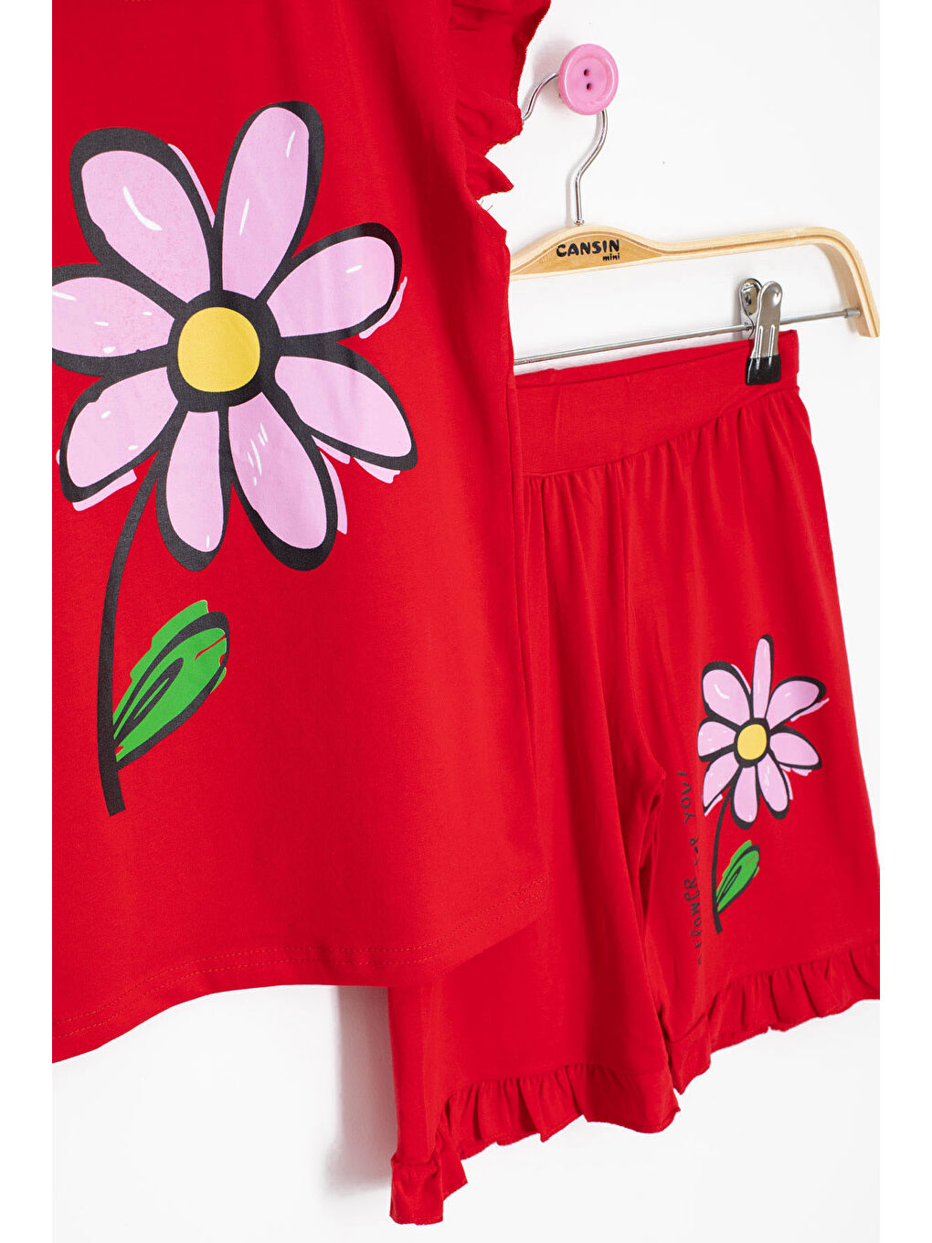 Kırmızı Papatya Baskılı Fırfır Detaylı Kız Çocuk Şortlu 2li Takım 20608-2