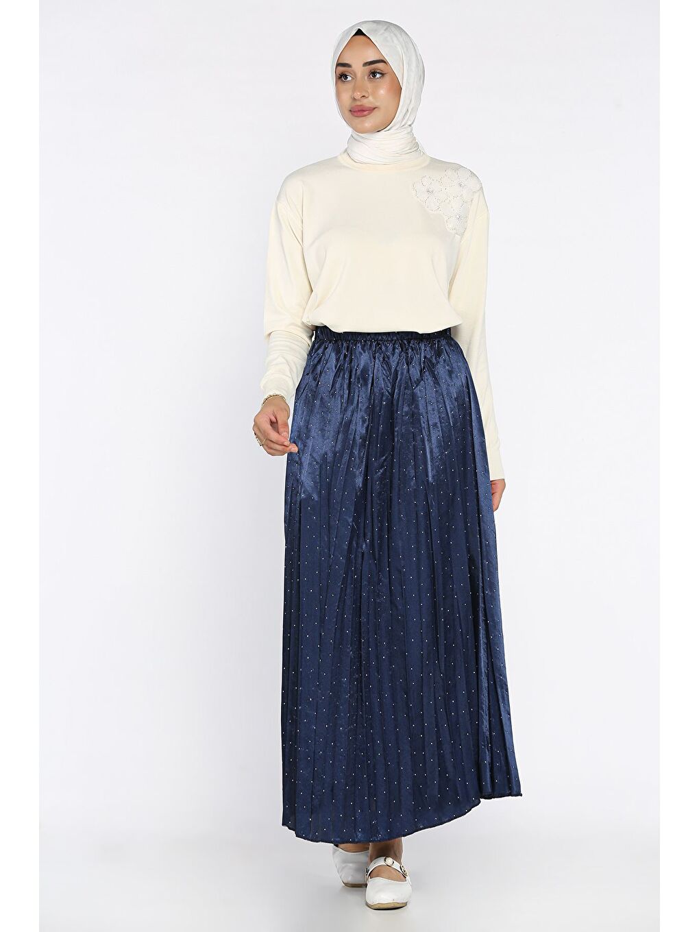Lacivert Bel Lastikli Taşlı Tesettür Etek-2