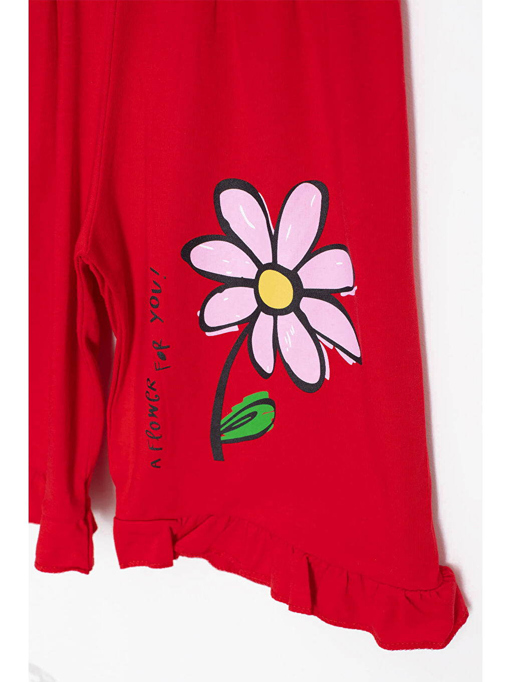 Kırmızı Papatya Baskılı Fırfır Detaylı Kız Çocuk Şortlu 2li Takım 20608-3