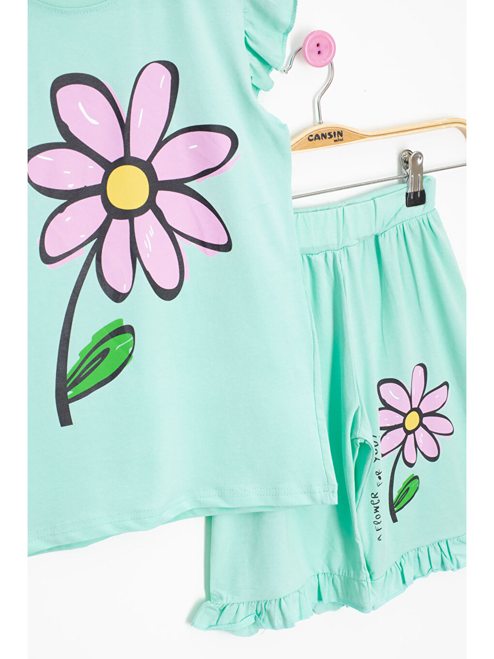 Yeşil Mint Papatya Baskılı Fırfır Detaylı Kız Çocuk Şortlu 2li Takım 20605-2