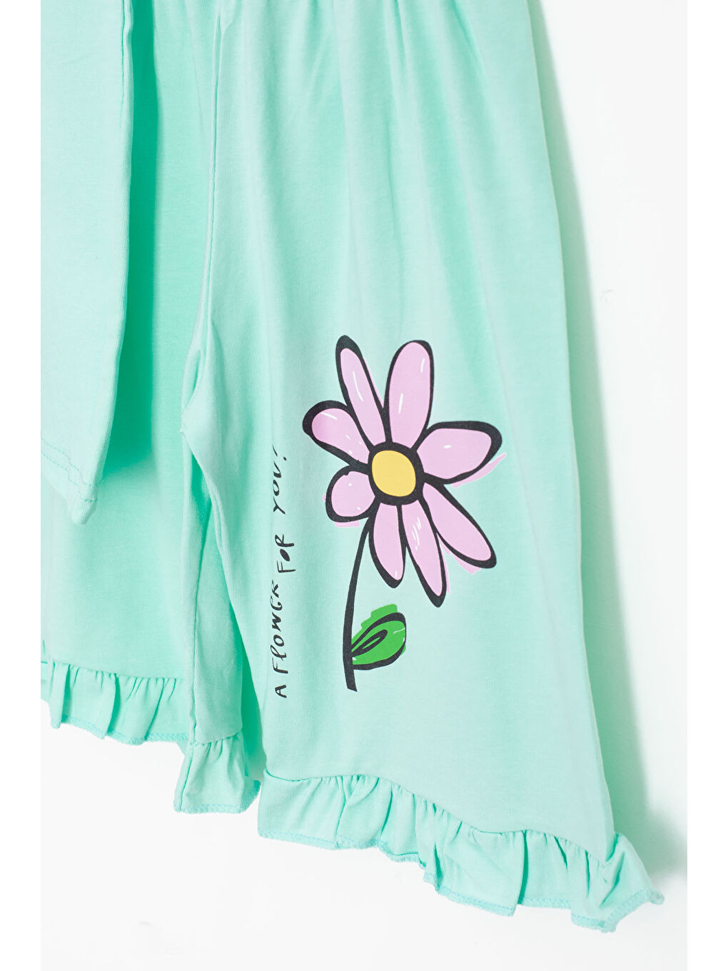 Yeşil Mint Papatya Baskılı Fırfır Detaylı Kız Çocuk Şortlu 2li Takım 20605-3
