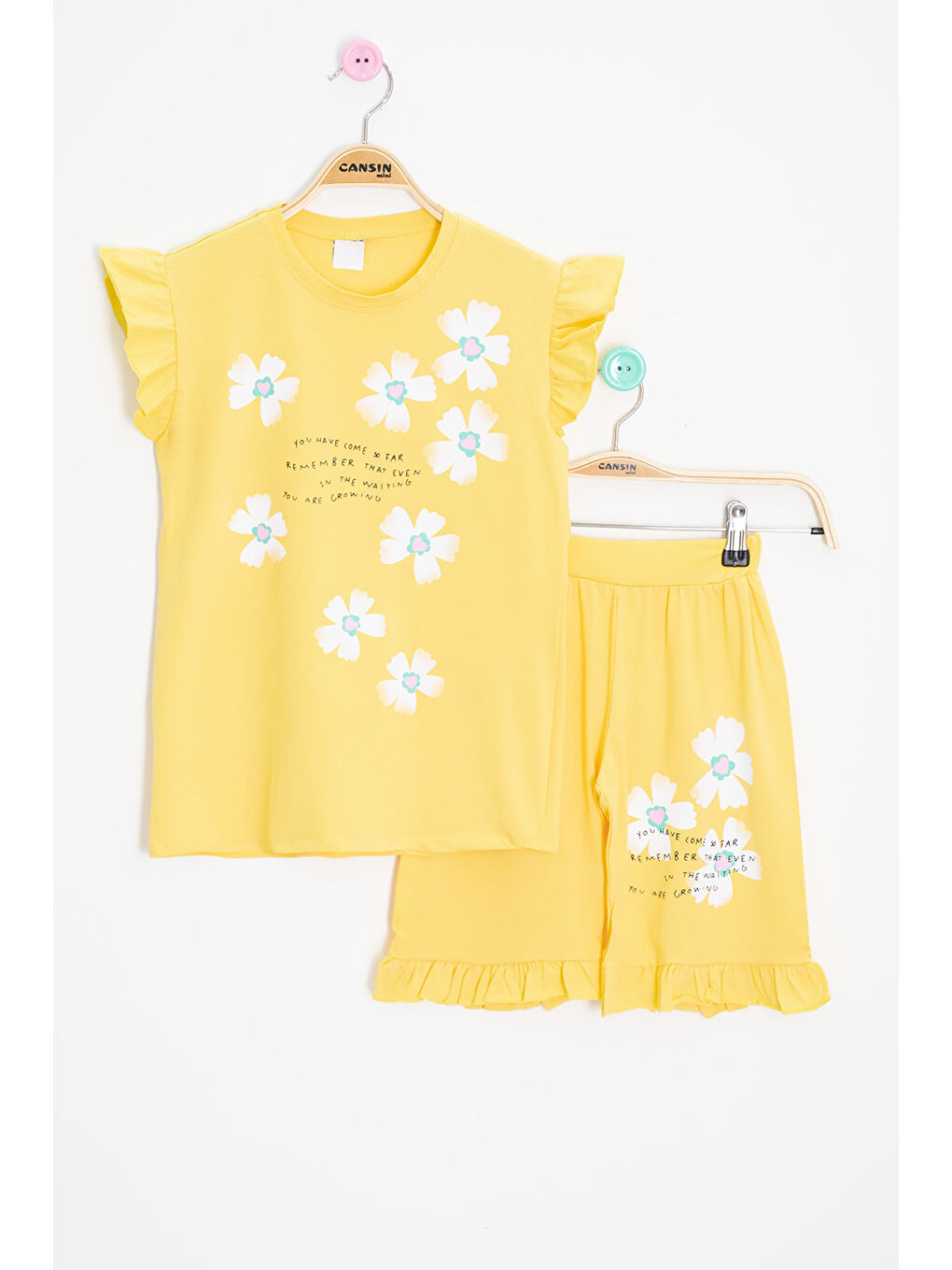 Sarı Çiçek Desenli Fırfır Detaylı Kız Çocuk Şortlu Takım 20597