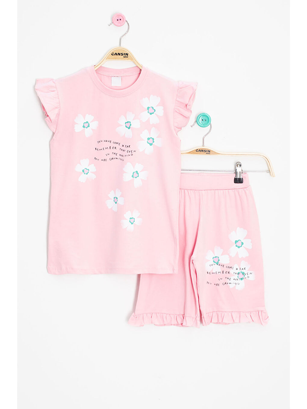 Pembe Somon Çiçek Desenli Fırfır Detaylı Kız Çocuk Şortlu Takım 20596