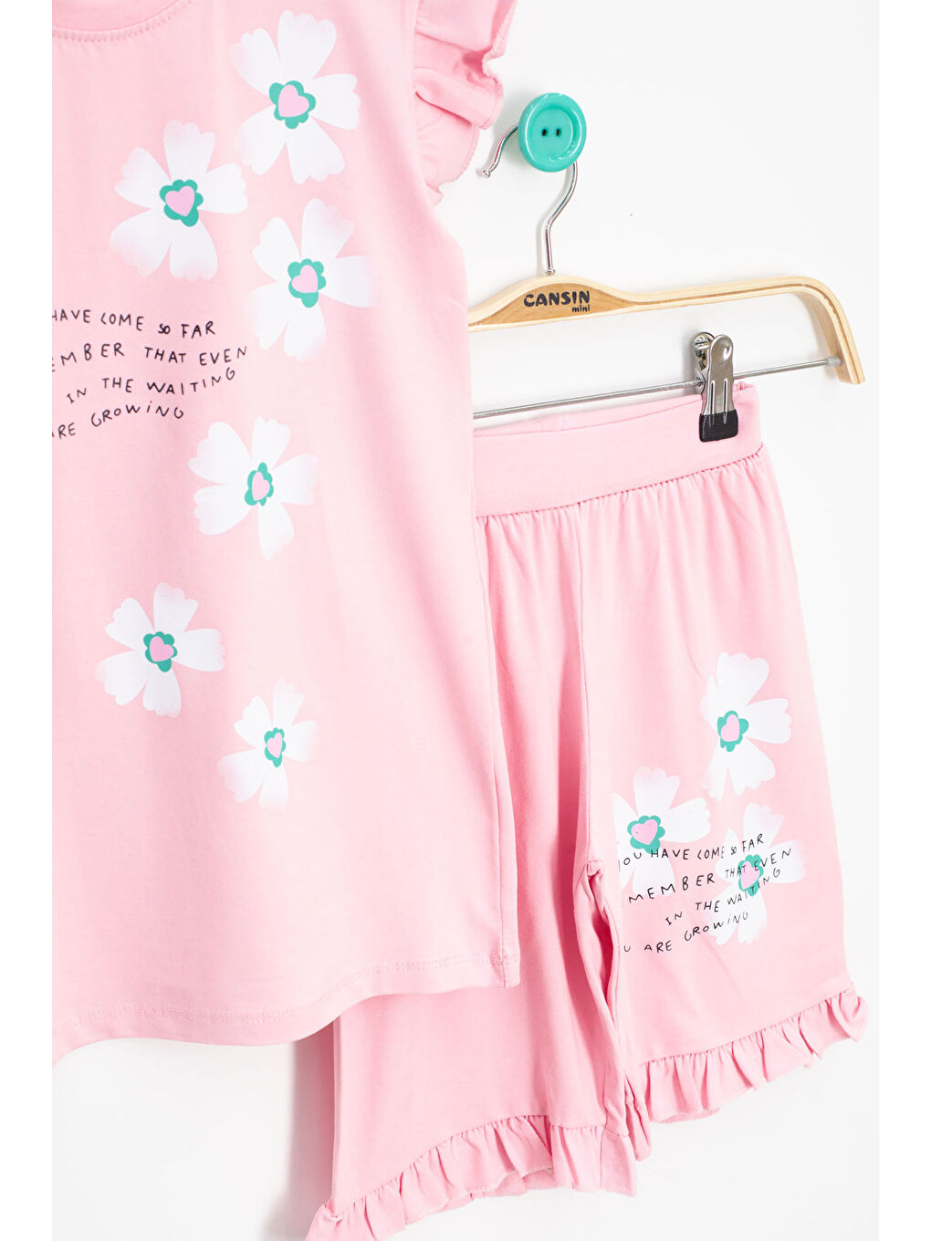 Pembe Somon Çiçek Desenli Fırfır Detaylı Kız Çocuk Şortlu Takım 20596-1